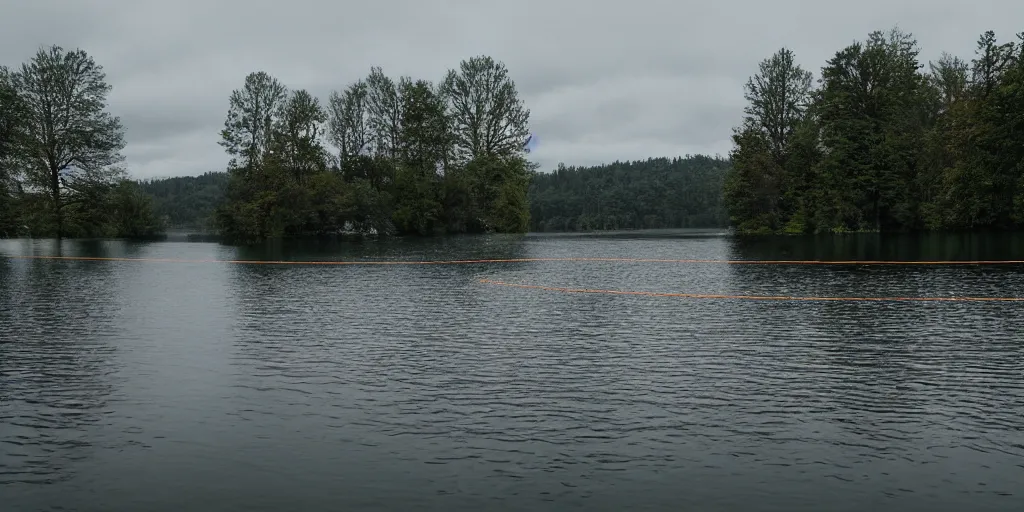 Prompt: a infinitely long thick rope zig - zagging snaking across the surface of the water into the distance, floating submerged rope stretching out towards the center of the lake, a dark lake on a cloudy day, atmospheric, color film, trees in the background, hyper - detailed photo, anamorphic lens