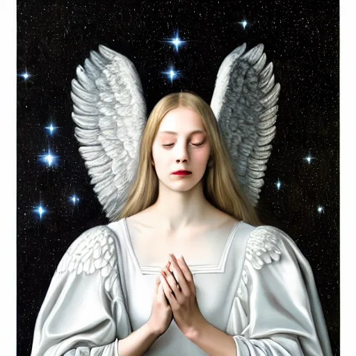 Image similar to highdetailed hyperrealistic painting of white angel!!! no gender smiling noface!!!, light instead of hands, white sparkles everywhere, 4 k hd face!!!, big silver high detailed wings!!!, renaissance, by jan van eyck, holography space, glow effect, large strokes, monochrome!!!!!, digital painting