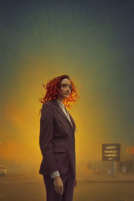 Image similar to closeup giant dahlia flower head, frontal, girl in a suit, standing in street, surreal photography, sunrise, dramatic light, impressionist painting, digital painting, artstation, simon stalenhag