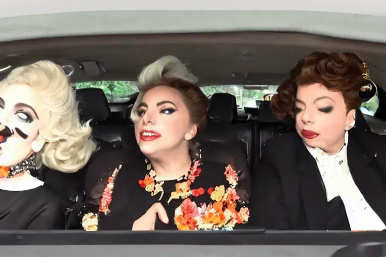 Prompt: lady gaga and judy garland doing carpool karaoke, lady gaga and judy garland, carpool karaoke, lady gaga, judy garland, carpool karaoke, youtube video screenshot, the late late show with james corden