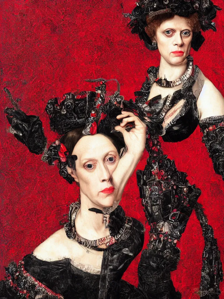 Prompt: Detailed maximalist stunning portrait of Signorney Weaver dressed in a black and red Victorian collar dress, HD mixed media, 3D collage, highly detailed and intricate, masterpiece, award-winning, surreal illustration in the style of Caravaggio, dark art, baroque