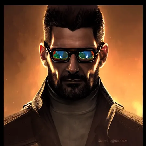 Image similar to Adam Jensen from Deus Ex as Gigachad, by Cedric Peyravernay, highly detailed, surrealism, excellent composition, cinematic concept art, dramatic lighting, trending on ArtStation