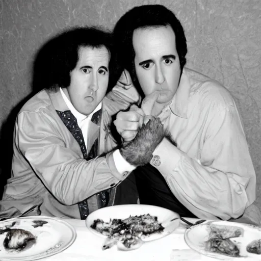 Prompt: Andy Kaufman and Charlie Kaufman having dinner together, photography,