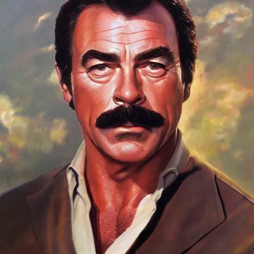 Image similar to ultra realistic portrait painting of tom selleck, art by frank frazetta, 4 k, ultra realistic, highly detailed, epic lighting