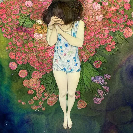 Prompt: a beautiful intricate watercolor illustration of a dreaming girl with flowers, leaves, 4 k, ultra - wide angle, by william turner, by victo ngai, by gustav klimt, hd, trending on artstation, hyper detailed, muted intense colors