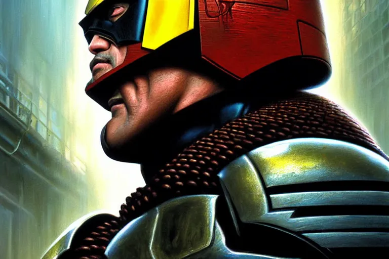 Image similar to poster portrait of sly stallone as judge dredd ( 2 0 1 1 ). artwork, 4 k digital art, 8 0's style tomasz alen kopera, peter mohrbacher, donato giancola, boris vallejo, drew struzan realistic detailed oil painting, urban horror, frank frazetta