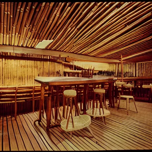 Image similar to mid century tiki bar empty with no people. bamboo. highly detailed retro 3 5 mm photo.