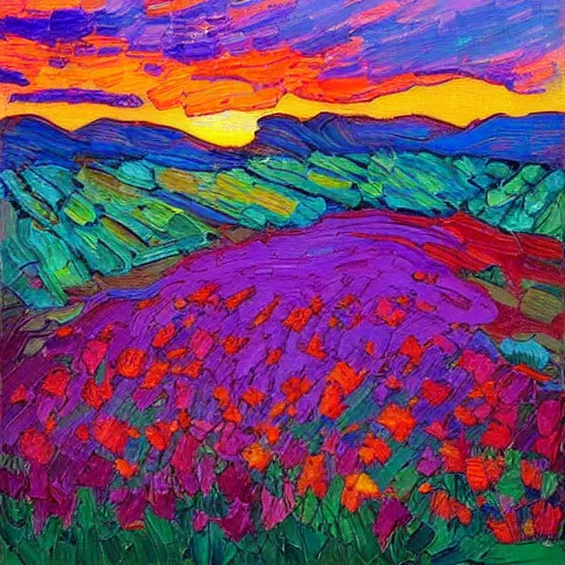 Image similar to a painting of a sunset over a field of flowers, an oil painting by erin hanson, deviantart, american impressionism, rich color palette, impressionism, fauvism