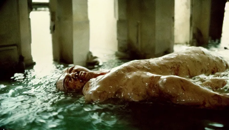 Prompt: hyper detailed movie still of marat wounded at the chest, in a bath flooded with blood, cinestill 8 0 0 t 3 5 mm, high quality, heavy grain, high detail, cinematic composition, dramatic light, anamorphic, ultra wide lens, hyperrealistic, by josef sudek