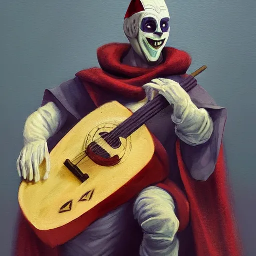 Prompt: a person with a mask playing a guitar, young handsome pale roma, grim dark jester from gwent cards, an ultrafine detailed painting by aleksander orłowski, artstation contest winner, sots art, concept art, da vinci, sketchfab