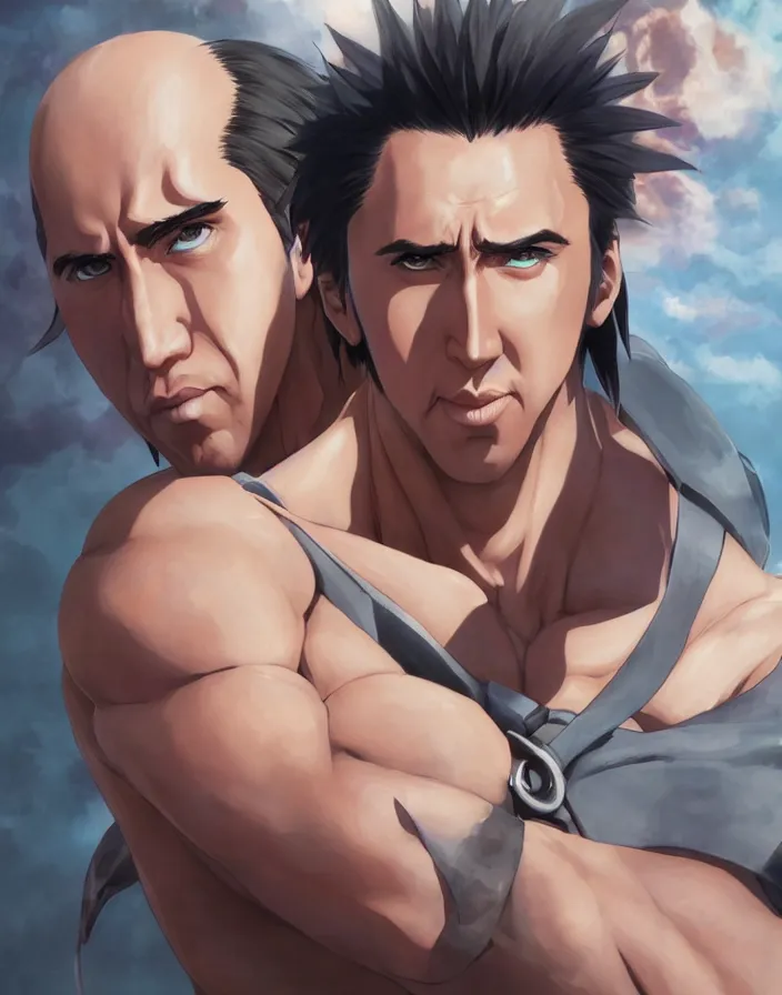 Image similar to anime portrait of nicolas cage as a muscular anime boy by Stanley Artgerm Lau, WLOP, Rossdraws, James Jean, Andrei Riabovitchev, Marc Simonetti, and Sakimichan, trending on artstation