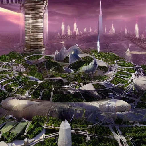 Image similar to venus project city, future, freedom, vegetation and architecture