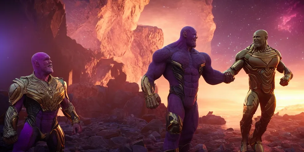 Prompt: a octane render jimmy donaldson in marvel shaking hands with thanos, by waya steurbaut entertainment, dark, intricate, highly detailed, smooth, artstation, high resolution film render 100k, photo realistic style, epic, colourful, close up shot, 3D