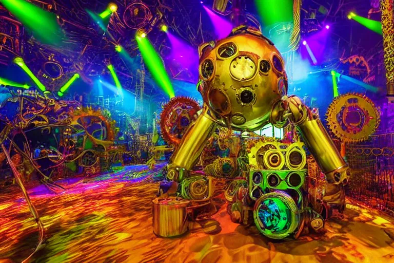 Prompt: scene is elrow party in amnesia ibiza, portrait photo of a giant huge golden and blue metal steampunk robot, with gears and tubes, eyes are glowing red lightbulbs, shiny crisp finish, 3 d render, 8 k, insaneley detailed, fluorescent colors, haluzinogetic, background is multicolored lasershow