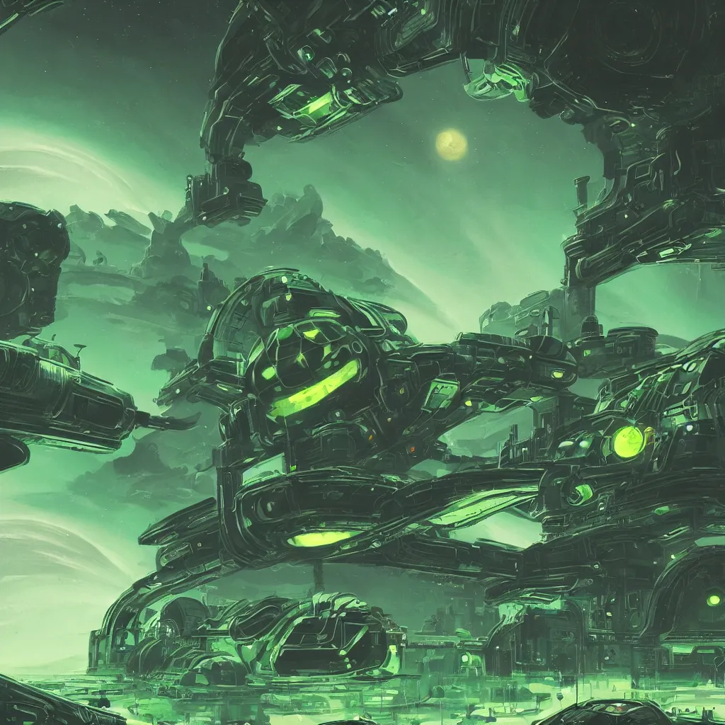 Prompt: no man sky concept art, 1920 retro futurism, intricate, elegant, highly detailed, toxic green glow, mosh planet, damp temperature, Classical space ship, digital painting, artstation, concept art, smooth, sharp focus, illustration