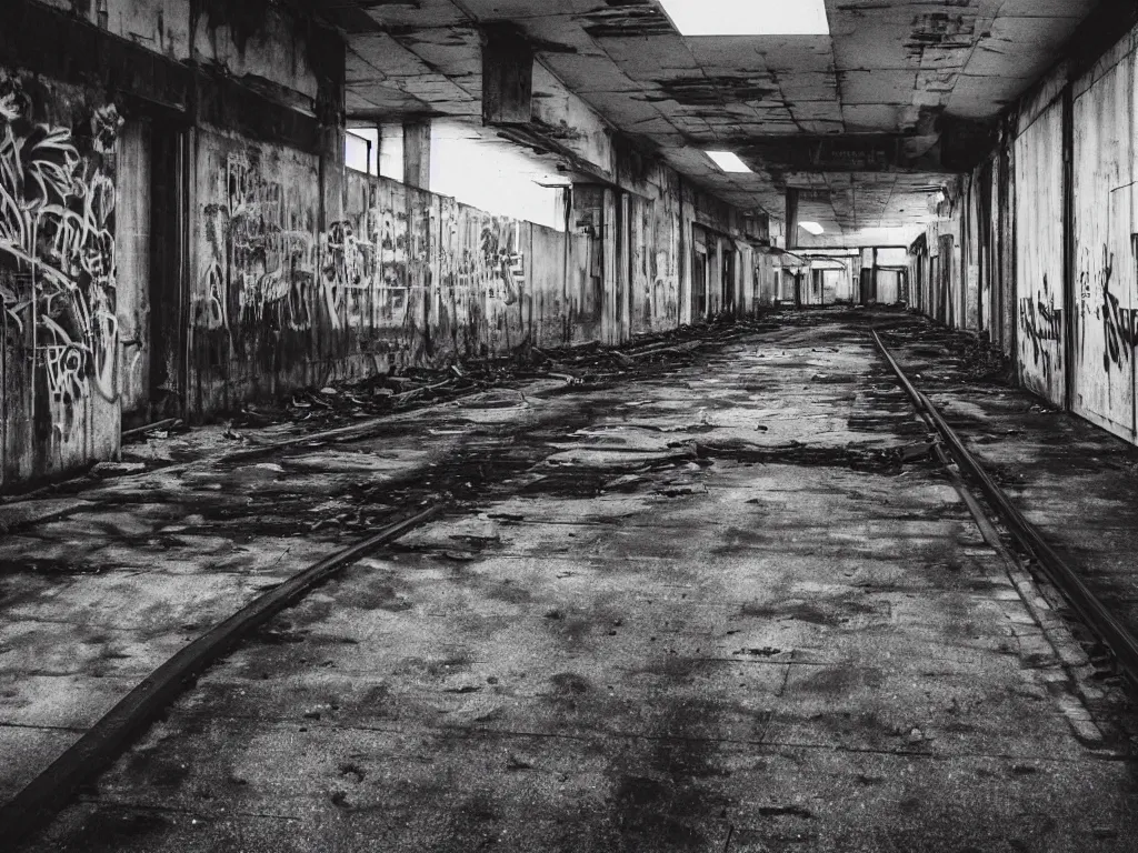 Image similar to “35mm film photography of empty train station, concrete, abandoned, old posters, derelict, damp, dark, cold, bright graffiti, dim strip lighting, empty platform, cinestill 800t, grain”