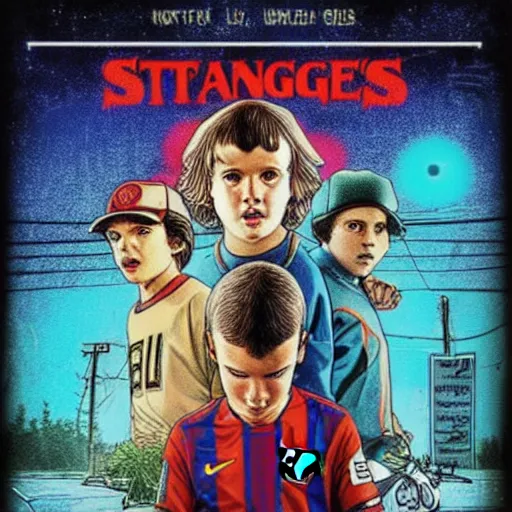 Image similar to messi, stranger things cover art, art by stephen bliss