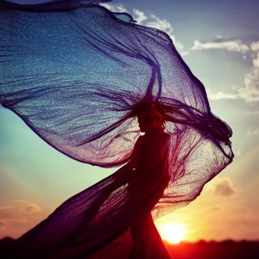 Image similar to filmstill photography of female body sulhouette covered with curly white translucent blanket blowing in wind, acrylic liquid colors, luxurious supermodel photoshooting, golden jewelry, bokeh, godrays, strong wind, wrinkles, sunrays, sunset, lens flares, monet, renoir, cold colors, sand dunes