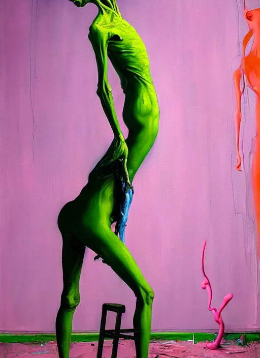 Image similar to an insane, skinny, artist wearing overalls, expressive painting the walls inside a grand messy studio, hauntingly surreal, highly detailed painting by francis bacon, edward hopper, adrian ghenie, glenn brown, and james jean, soft light 4 k in pink, green and blue colour palette, cinematic composition,