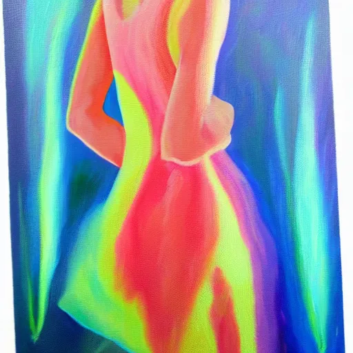 Prompt: a professional painting of a woman wearing a summer dress that looks like the northern lights, 4 k, trending