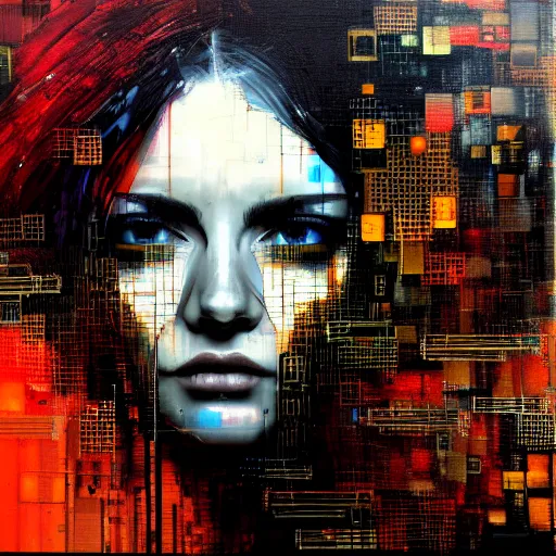 Prompt: hyperrealistic portrait of a determined women with long hair, cybernetics, digital ui, abstract blocks, by Guy Denning, Russ Mills, glitch art, hacking effects, glitch effects, digital tech effects, chromatic, color blocking!, octane, centered, oil on canvas, concept art, abstract, trending on artstation