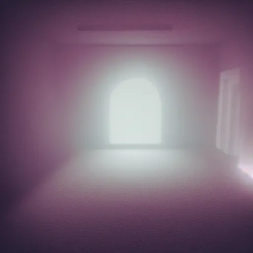 Image similar to A room filled with fog, dimly lit, a person is in the fetal position in the middle of the room, cyan lights emanate downwards into a refracting glow, depth of field, tilt-shift, dreamy, ominous glow, pastel overflow, melting