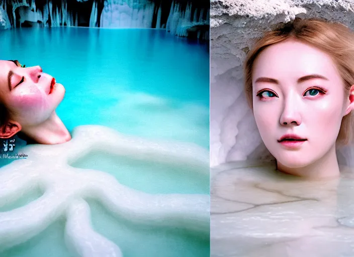 Image similar to Kodak Portra 400, 8K, soft light, volumetric lighting, highly detailed, portrait photo of Rena Nounen by WLOP, the face emerges from a Pamukkale, thermal waters flowing down white travertine terraces with lotus flowers, inspired by Ophelia paint , blue shirt and hair are intricate with highly detailed realistic beautiful flowers , Realistic, Refined, Highly Detailed, ethereal lighting colors scheme, outdoor fine art photography, Hyper realistic, photo realistic, masterpiece