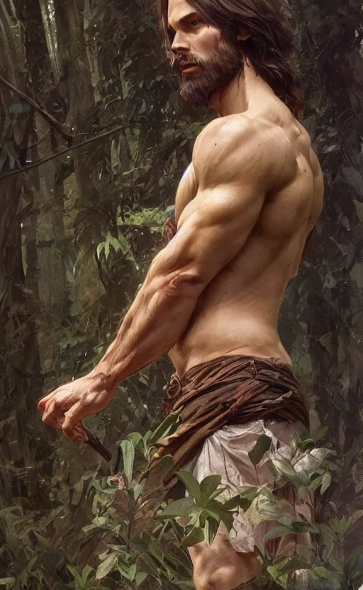 Image similar to God of the forest, male, shoulder-length hair, gorgeous, amazing, muscular, intricate, highly detailed, digital painting, artstation, concept art, sharp focus, illustration, art by greg rutkowski and alphonse mucha