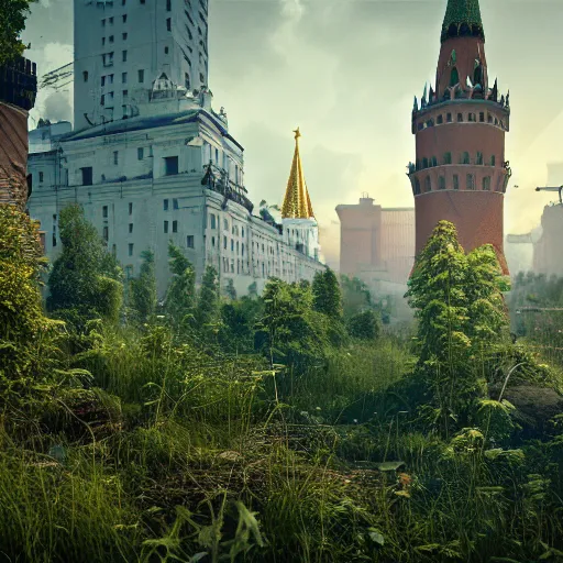 Image similar to overgrown moscow in ruins, highly detailed, 4k, HDR, award-winning, artstation, octane render