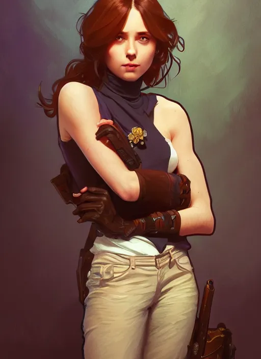 Image similar to portrait of a full body of beautiful young female detective, d & d, sleeveless turtleneck, fantasy, flat lighting, intricate, highly detailed, digital painting, artstation, concept art, smooth, sharp focus, illustration, art by simon bisley and greg rutkowski and alphonse mucha, natural tpose