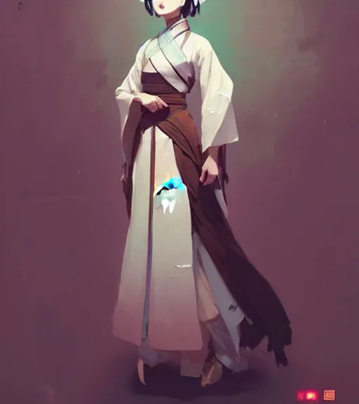 Image similar to portrait of a female immortal in amazing chinese dress 汉 服 by atey ghailan, by greg rutkowski, by greg tocchini, by james gilleard, by joe fenton, by kaethe butcher, dynamic lighting, gradient light blue, brown, blonde cream and white color scheme, grunge aesthetic