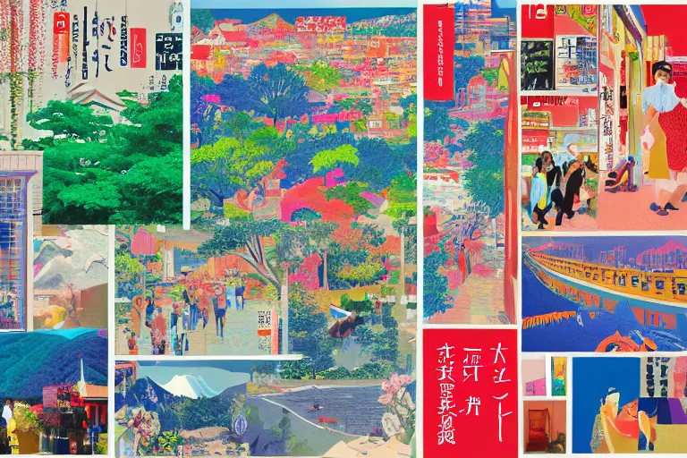 Image similar to award winning graphic design poster, photocollage art depicting a variety of japan travel, beauty, tastes, crafts and more, photocollage painting by National Geographic and David Hockney