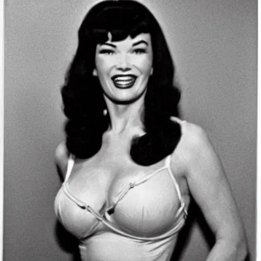 Prompt: a grainy low resolution film photo of Bettie Page