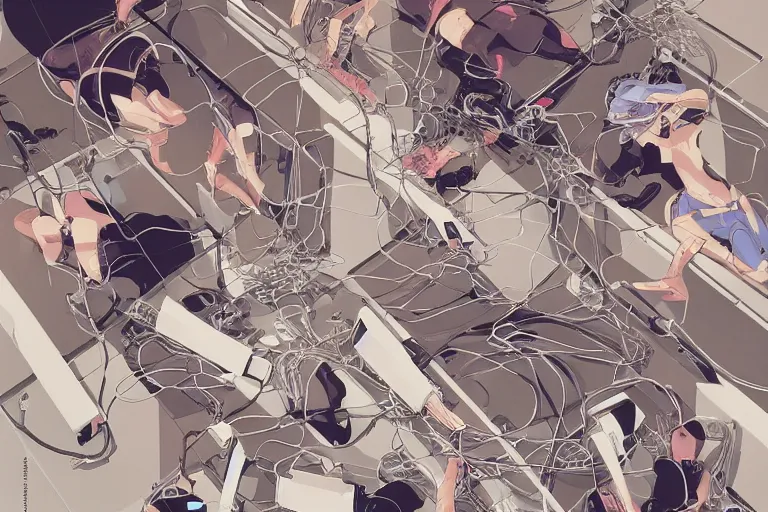 Image similar to a magazine cover illustration of a group of female androids' body parts with cables and wires coming out lying scattered over an empty floor, by masamune shirow, hajime sorayama, moebius, xsullo, james jean, murakami takashi and katsuhiro otomo, view from above, minimalist, hyperdetailed, super rich, studio ghibli golden color scheme, lasers, sparkles and fairies flying around, crazy and a bit weird