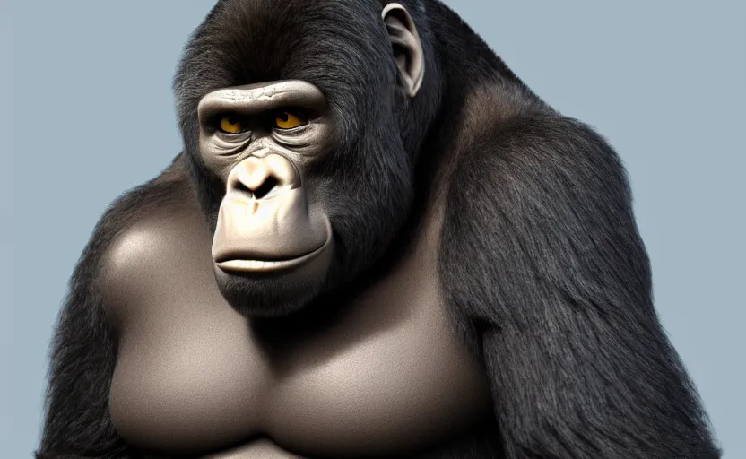 Image similar to gorilla as gru, hyperrealistic, concept art, octane render, unreal engine 5, trending on artstation, high quality, highly detailed, 8 k hdr, product photo, centered, minions background, soft lighting, path traced, low contrast, high coherence, symmetrical