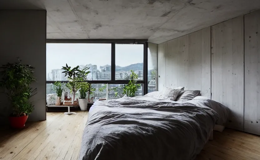 Image similar to a bright and cozy minimalist bedroom, white and pine wood, bed, cupboards, green potted plants, large window with a view of large concrete Japanese apartment blocks