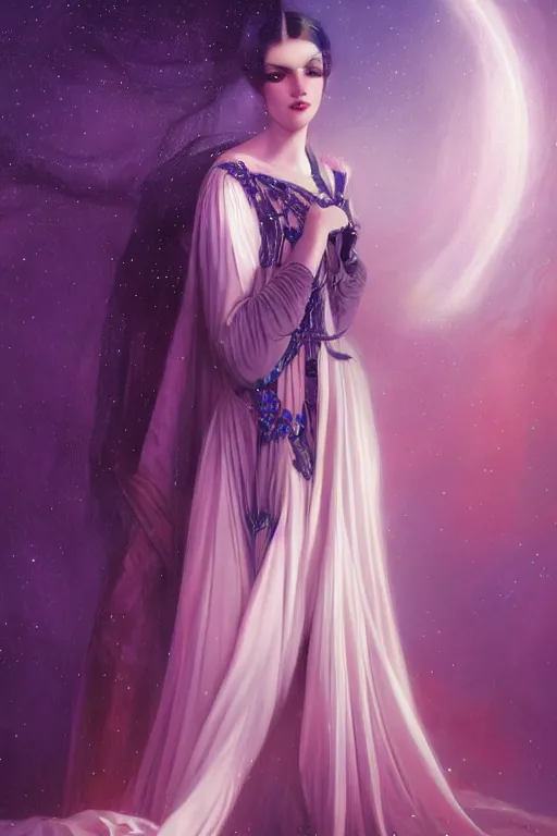 Image similar to Nocturne, glowing, stars, a long-legged elegant evil woman, highly detailed, mysterious, ethereal, dressed in ultra violet velvet, haute couture, illustration, dramatic lighting, soft details, painting, by Edmund Blair Leighton, Brom, Charlie Bowater, trending on artstation, faces by Tom Bagshaw, otto schmidt