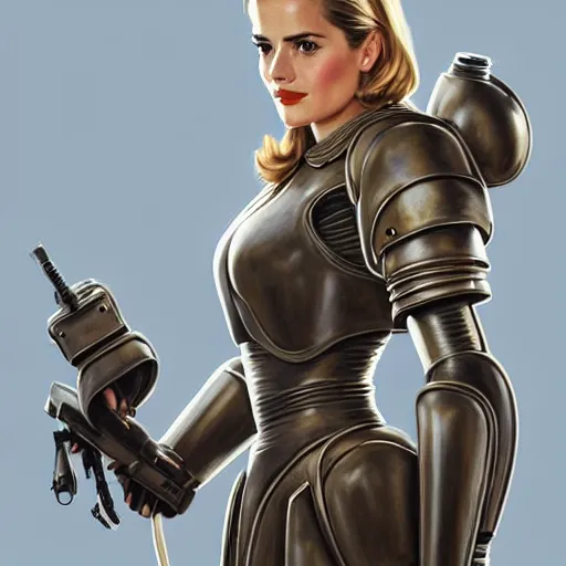 Image similar to A combination of Grace Kelly's and Emma Watson's and Ashley Greene's appearances with blonde hair wearing Power armor and a headset, full body portrait, western, D&D, fantasy, intricate, elegant, highly detailed, digital painting, artstation, concept art, matte, sharp focus, illustration, art by Donato Giancola and James Gurney