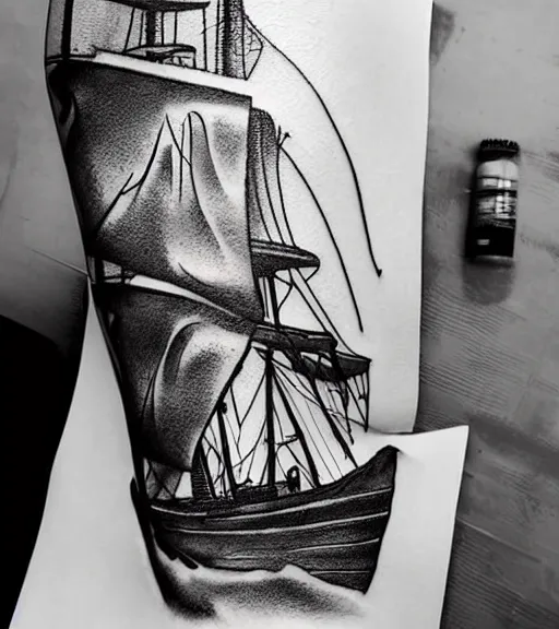 Prompt: A realistic tattoo design sketch of a pirate ship, white background, black and white, highly detailed tattoo, shaded tattoo, hyper-realistic tattoo