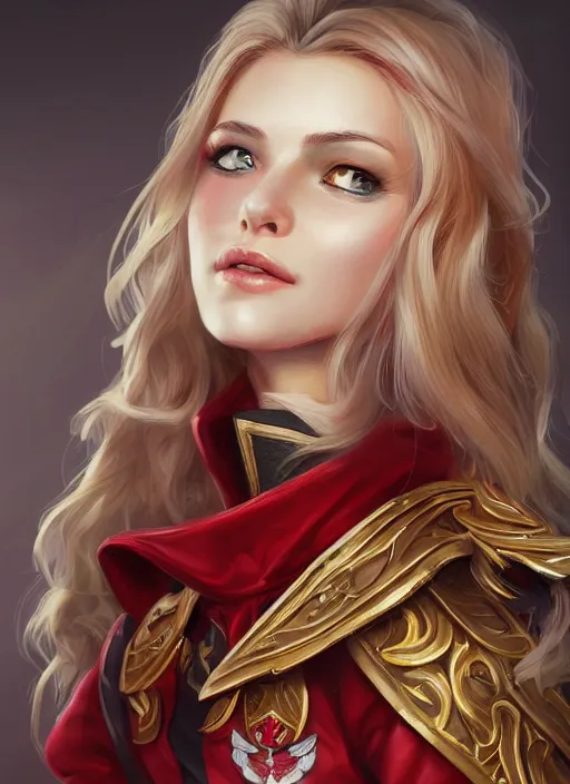 Prompt: a highly detailed illustration of beautiful long dirty blonde haired pale girl wearing red epaulette uniform, red eyes, dramatic smile pose, intricate, elegant, highly detailed, centered, digital painting, artstation, concept art, smooth, sharp focus, league of legends concept art, WLOP