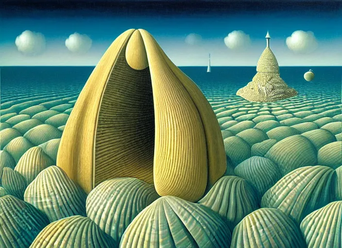 Prompt: a city inside the seashell, by jacek yerka by magritte, surrealistic painting, masterpiece, oil painting, sharp focus, highly detailed, intricate, smooth, 8 k,