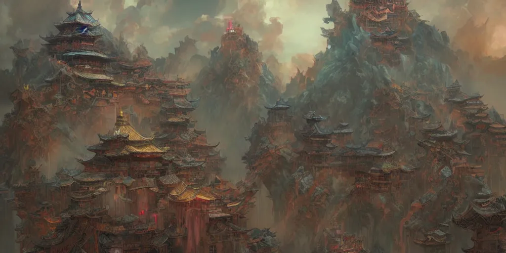 Prompt: dreamland of chinese ancient architecture in clouds from chinese myth, fantastic colors, ancient japanese, gothic diablo art, rococo art, cyberpunk, mecha, ominous, intricate, studio, art by anthony macbain + greg rutkowski + alphonse mucha, concept art