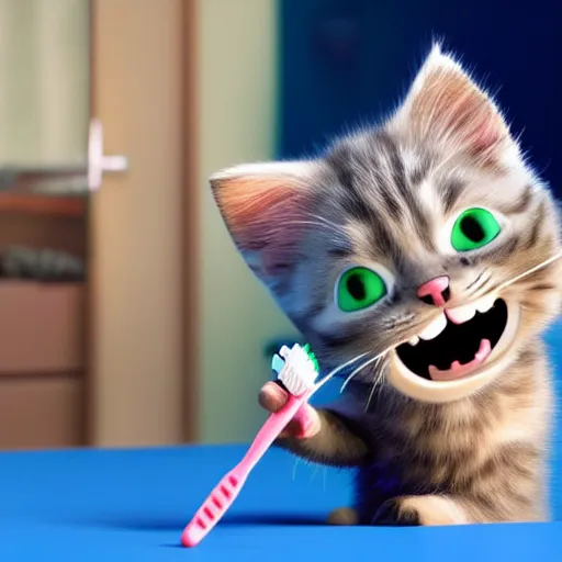 Image similar to a kitten character brushing teeth with a toothbrush and toothpaste, still from the movie pets, pixar render, dreamworks, movie poster disney