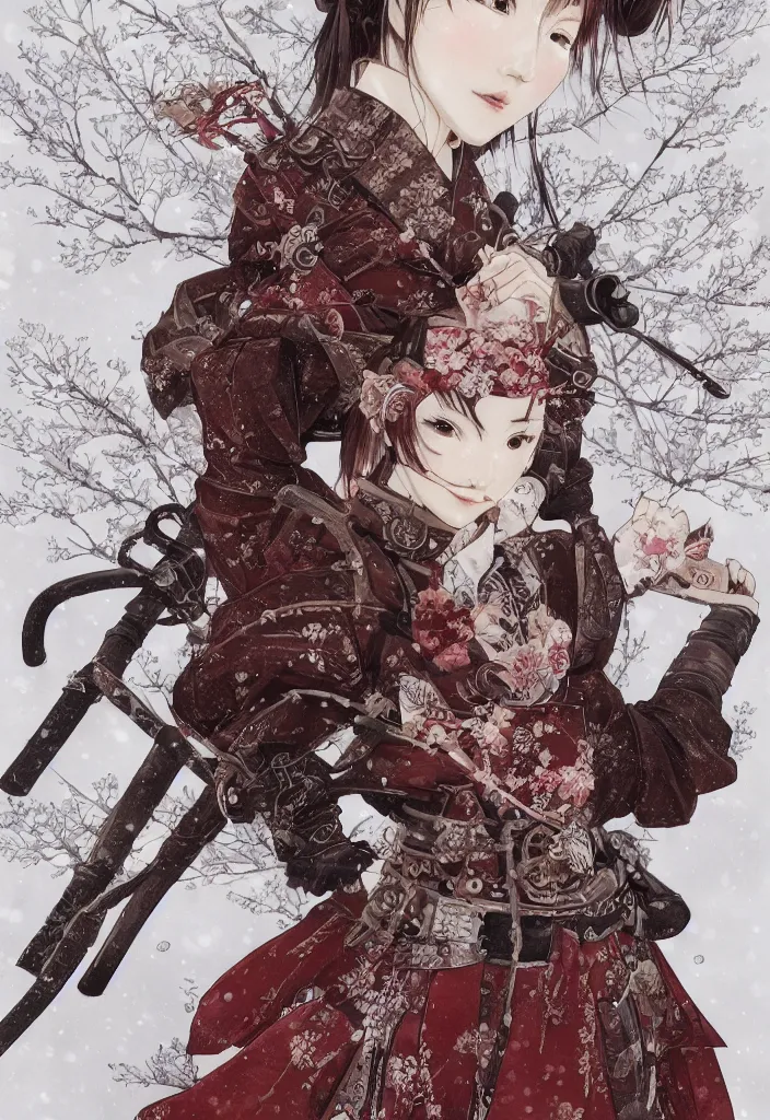 Image similar to detailed portrait of steampunk girl samurai with swords and steampunk rifles, in snow forest sakura cherry blossom, hakama kimono, trending on artstation elite, elegant, luxury, by krenz cushart, junji ito, takato yamamoto, perfect face, fine details, realistic shaded, fine - face, pretty face