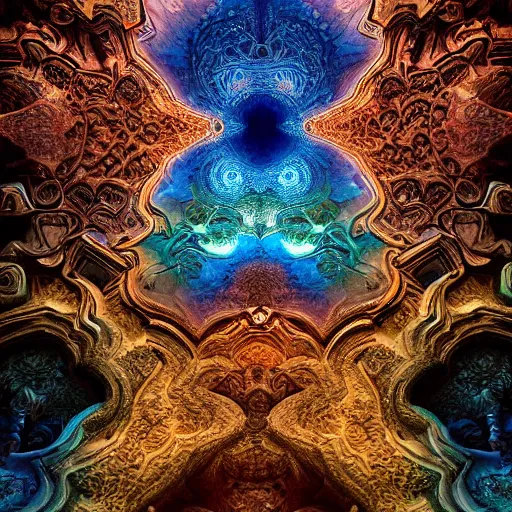 Image similar to a beautiful stone carving of an intricate psychedelic cathedral populated by mandelbrot fractals by android jones, carved soap, unreal engine, volumetric lighting, dynamic lighting, bright, dramatic lighting, high contrast, neon glow, carved marble, opalescent, sacred geometry, religious, angelic, catholicpunk, stark, trending on artstation