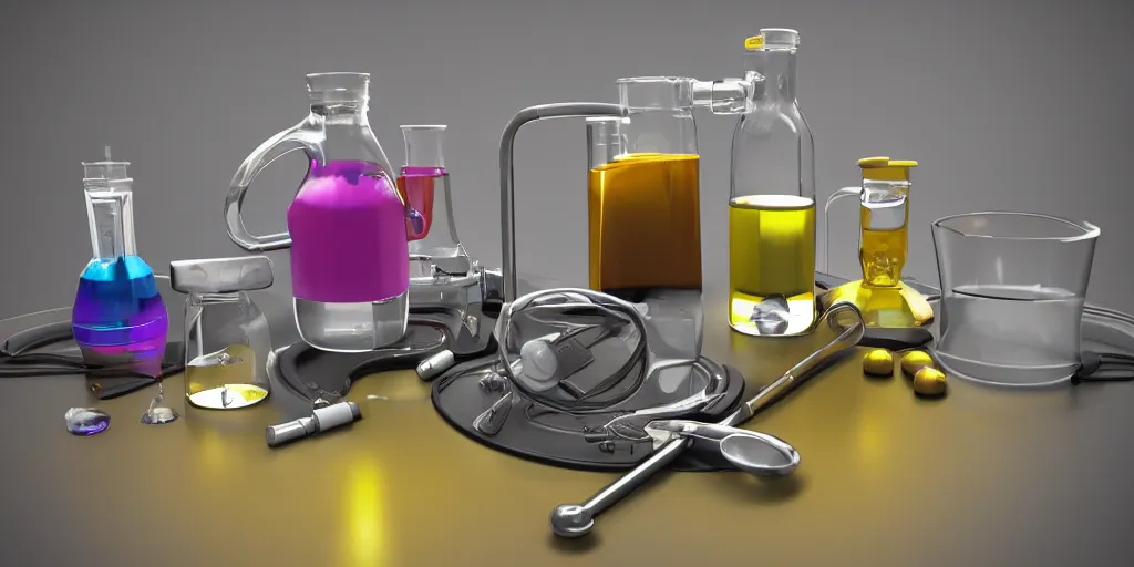 Image similar to instruments being used to mix chemicals, scientist, blender, 3d, apartment