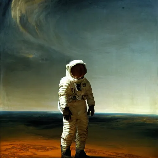 Image similar to astronaut standing on the surface of mars, looking at the turbulent sky on the horizon as painted by caravaggio as painted by turner, high detail 8 k render