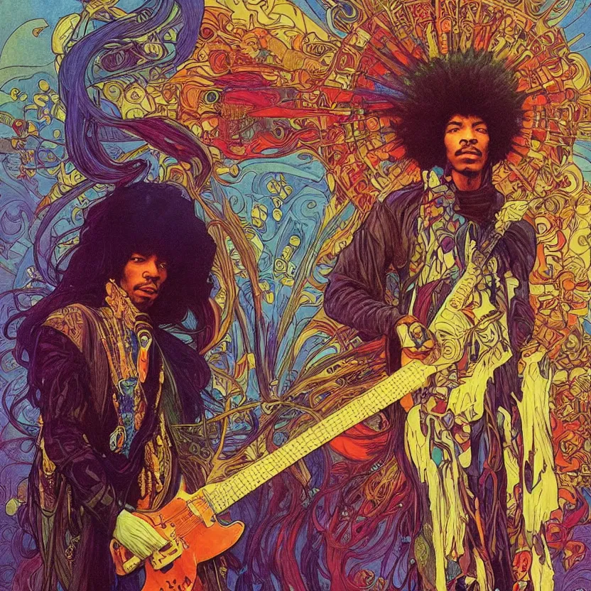 Prompt: colorfull artwork by Franklin Booth and Alphonse Mucha showing a portrait of Jimi Hendrix as a futuristic space shaman, Jimi Hendrix as a futuristic space shaman by Moebius