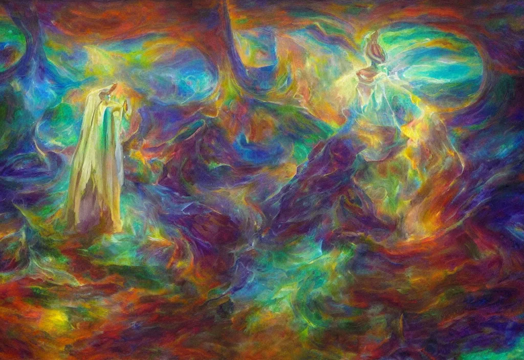 Prompt: iridescent temple of sleep non-Euclidean geometry dreamer mythos phantasms and lambent fog, award winning oil painting, polychromatic spectrum