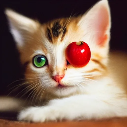 Prompt: a red apple with a face of a cute kitten on it, the apple has a green leaf on it.